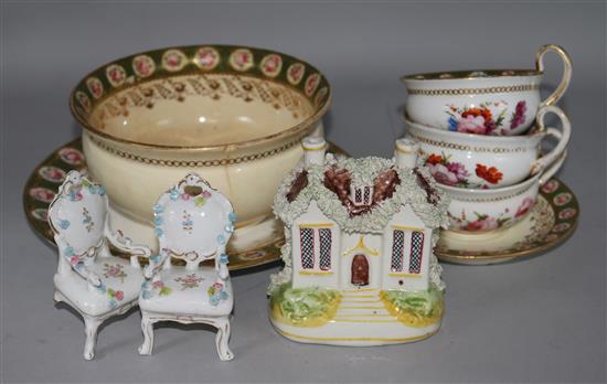 A Coalport part tea set C. 1820, a collage, money box etc